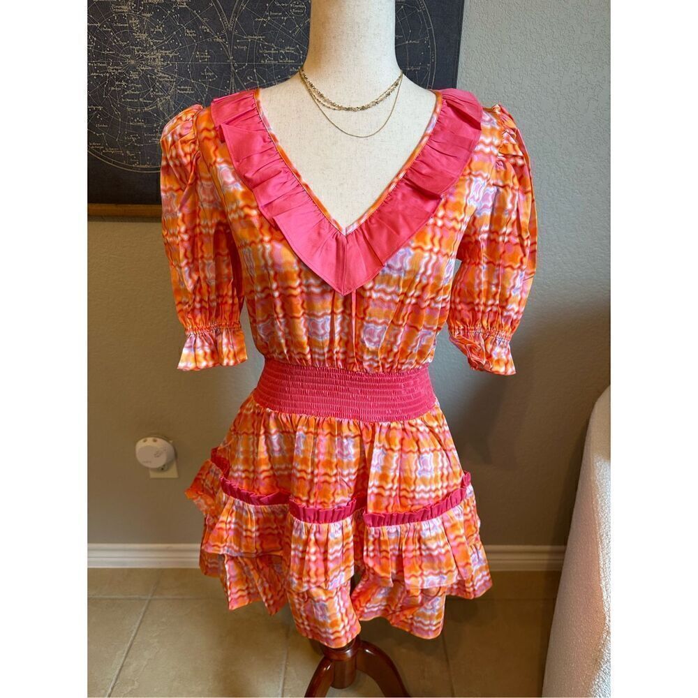 NWT Alden Adair Kelsey Plaid Retro Orange Pink Smocked Mini Dress Women’s Size M